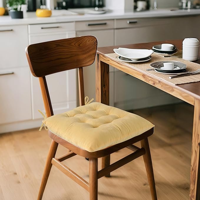 ELFJOY 4 Pack Chair Cushions for Dining Chairs Indoor Kitchen Seat Cushions with Ties Tufted Square Seat Pas for Kitchen Dining Office Room (16" Cream Yellow Velvet)