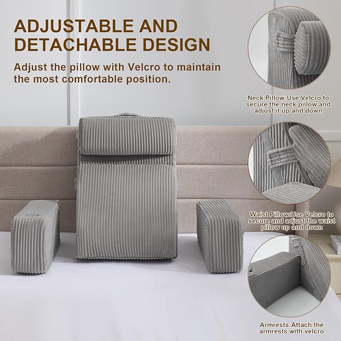 Reading Pillow for Sitting in Bed Adult, Back Pillow for Bed Sitting up with Arms, Pockets and Cup Holder, Sit Up Backrest Pillows for Beds Chair Support, Rest Pillow for Gaming