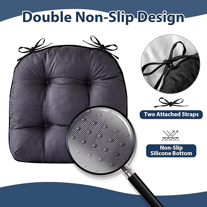 IASEAHK Chair Cushions for Dining Chairs, Seat Cushions for Kitchen Chairs, Indoor Seat Cushions with Ties, Tufted Foam Chair Pads, Non Slip Chair Cushions Set of 6, 15.5" x 15.5" x 4", Black