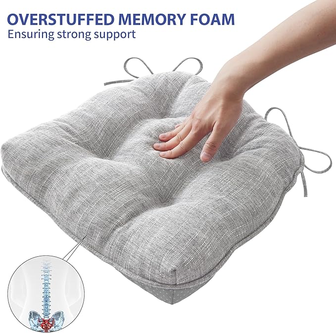IPYNBAP Chair Cushions for Dining Chairs Set of 6, Kitchen Chair Cushions, Chair Pads with Ties and Non Slip Backing, Tufted Memory Foam Seat Cushion 6 Pack, 15.5" x 15.5" x 4", Light Gray