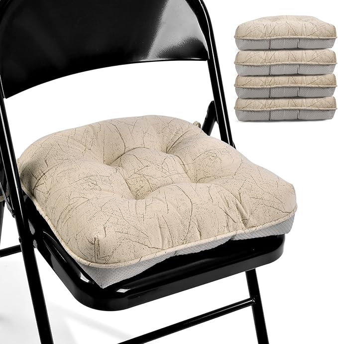 Marble Pattern 3" Chair Cushion for Dining Chair, Filling Bite-Size Memory Foam U-Shaped Seat Cushions for Kitchen Chairs, Non-Slip Indoor Chair Pad with Ties, Set of 4, Yellow