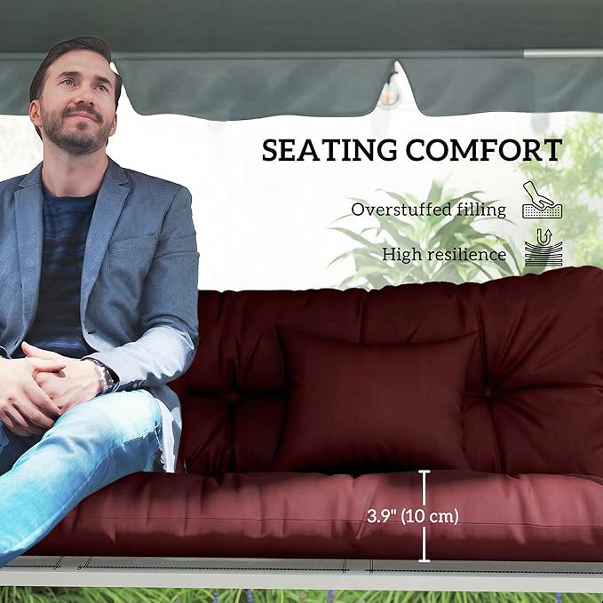 Outsunny 59" Tufted Bench Cushions & Throw Pillows, 4 Piece Swing Cushion Set, Indoor/Outdoor Replacement Bench Seat Pad, Back Cushion & 2 Pillows for Outdoor Furniture, Without Swing, Wine Red