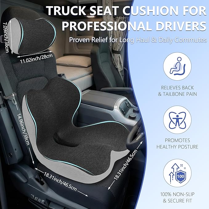 Truck Driver Seat Cushion Set - Memory Foam for Lower Back & Sciatica Pain Relief - Ergonomic Headrest Neck Pillow for Semi Truck & Car Dark Gray
