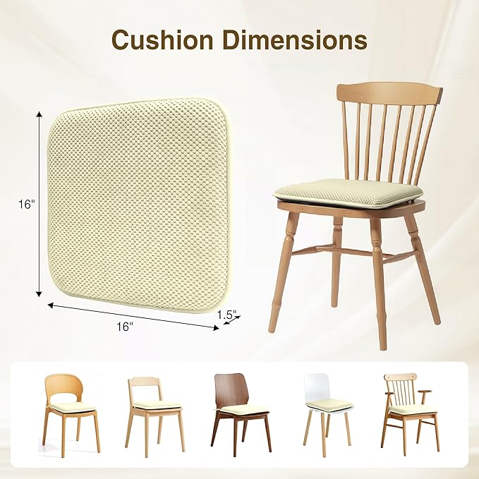 puredown® Chair Cushions for Dining Chairs, Set of 2 Memory Foam Seat Cushions with Non-Slip Backing & Ties, 16" x 16" x 1.5", Comfortable & Supportive Dining Chair Pads for Kitchen, Light Khaki