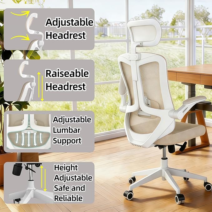 Ergonomic Office Chair - 350LB Comfy Desk Chairs with Adjustable Headrest and Lumbar Back Support, Mesh Computer Chairs with Wheels and Arms for Home Office, Study (Khaki-with Headrest)