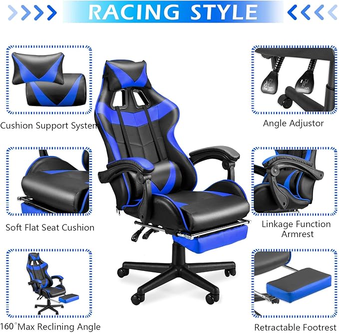 Soontrans Blue Gaming Chairs with Footrest,Ergonomic PC Computer Game Chair,Home Office Desk Chair with Headrest and Lumbar Support Gamer Chair for Adult