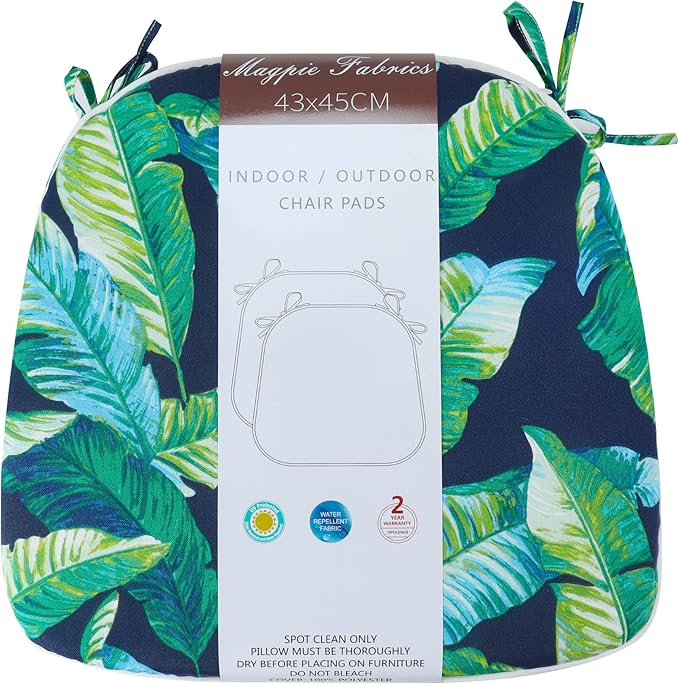 Magpie Fabrics 17"x16"x2" U-Shape Chair Cushions with Ties 4 Count, Outdoor Indoor Waterproof All Weather Seat Pads Decoration for Patio Garden Dining Office - Green Lagoon Leaves