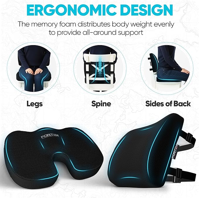 FORTEM Seat Cushion, Office Chair Cushion, Lumbar Support Pillow for Office Chair, Memory Foam Car Seat Cushions, Sciatica Coccyx Tailbone Pain Relief, Cushions for Back Support, Washable, Non Slip