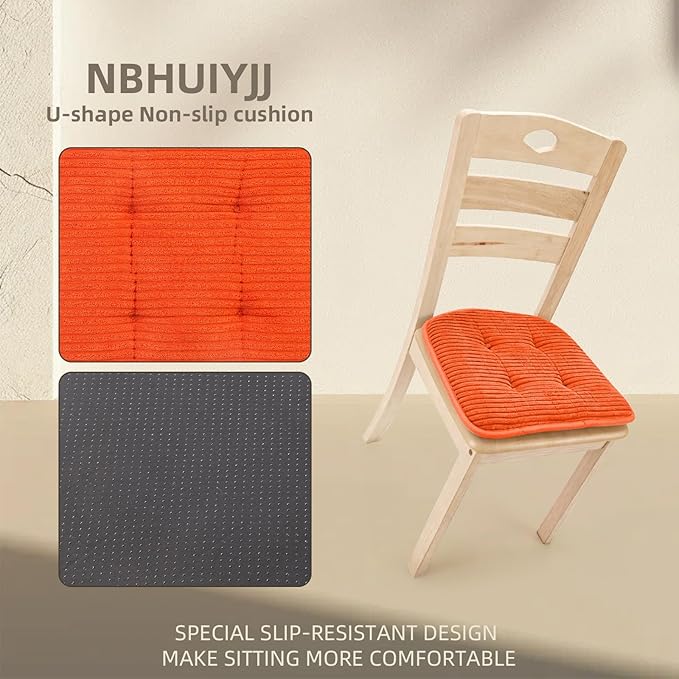 Memory Foam Chair Cushion, U-Shape 17" x 15" Tufted Non-Slip Back Seat Cushion for Dinning Room, Office, Kitchen, 2 Counts, Orange