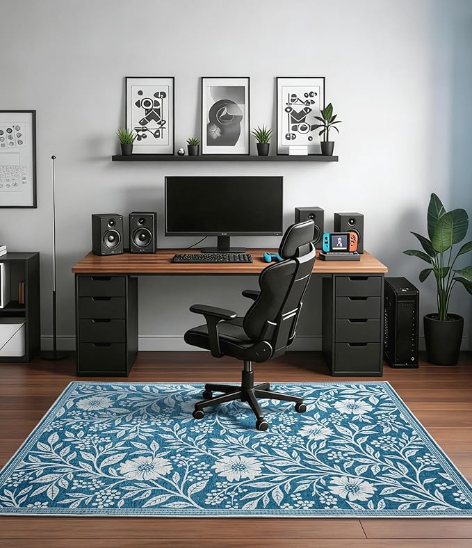 chakme Office Chair Mat for Hardwood Floor, 60"x45" Easy Glide Computer Desk Mat Protector for Rolling Chair Under Desk Rug Nonslip Backing, Machine Wash, (Blue Flowers)