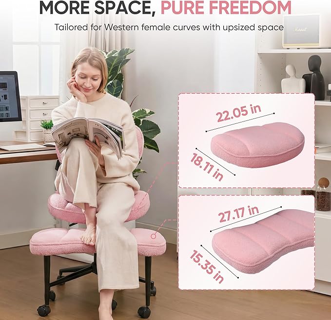 Criss Cross Office Chair with Wheels, Adjustable-Height Backrest & Swivel Footrest, Ergonomic Cross Legged Office Chair with Leg Rest for Kneeling Meditation Yoga ADHD (Pink Teddy Fleece)