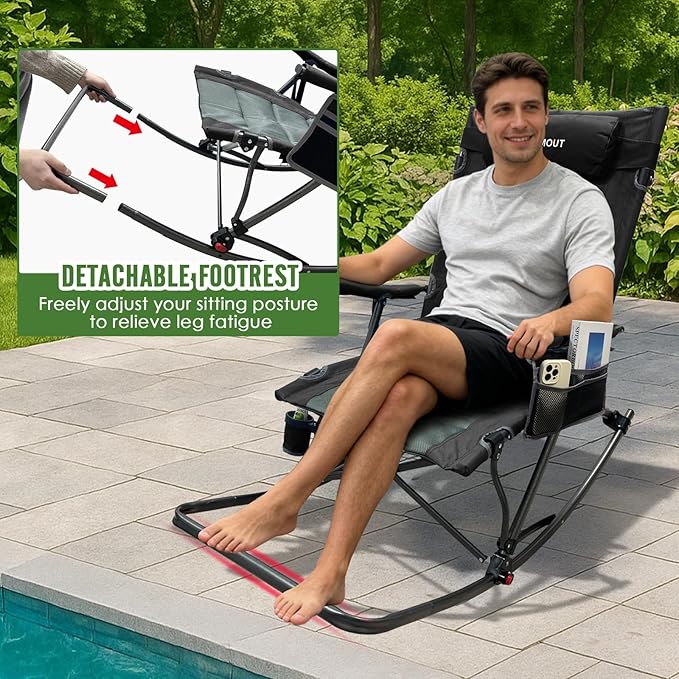 13.8" High Seat Rocking Camping Chair Outdoor with Foot Rest & Headrest, Oversized Folding Rocker Chair with Carry Bag for Lawn Patio Supports 300 lbs