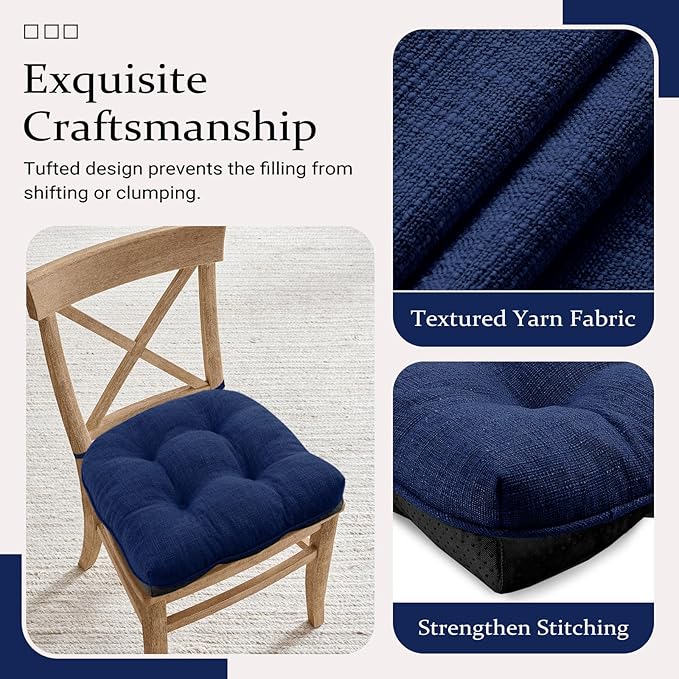Wellsin Chair Cushions for Dining Chairs, Non-Slip Kitchen Chair Pads with Ties, Tufted Shredded Foam Kitchen Chair Cushions Set of 4, 15.5" X 15.5", Royal Blue