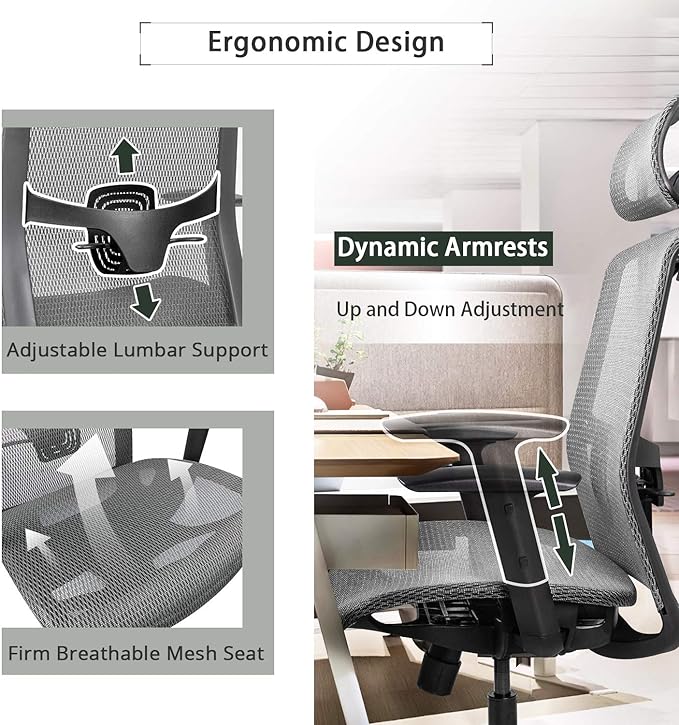 Furmax Ergonomic Office Chair Executive Chair with Mesh Seat High Back Computer Desk Chair with Adjustable Headrest Lumbar Support Armrest Rolling Task Chair with Clothes Hanger (Gray)