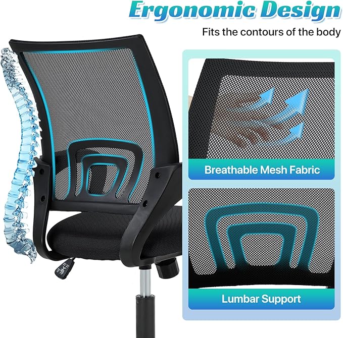 Ergonomic Office Chair Mesh Mid Back with Lumbar Support Armrest, Adjustable Home Desk Chair Comfy Computer Task Drafting Rolling Swivel Chairs for Gaming, Home Work, Study, Black