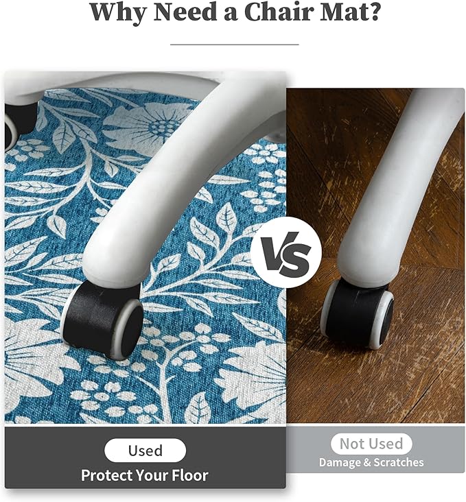 chakme Office Chair Mat for Hardwood Floor, 60"x45" Easy Glide Computer Desk Mat Protector for Rolling Chair Under Desk Rug Nonslip Backing, Machine Wash, (Blue Flowers)