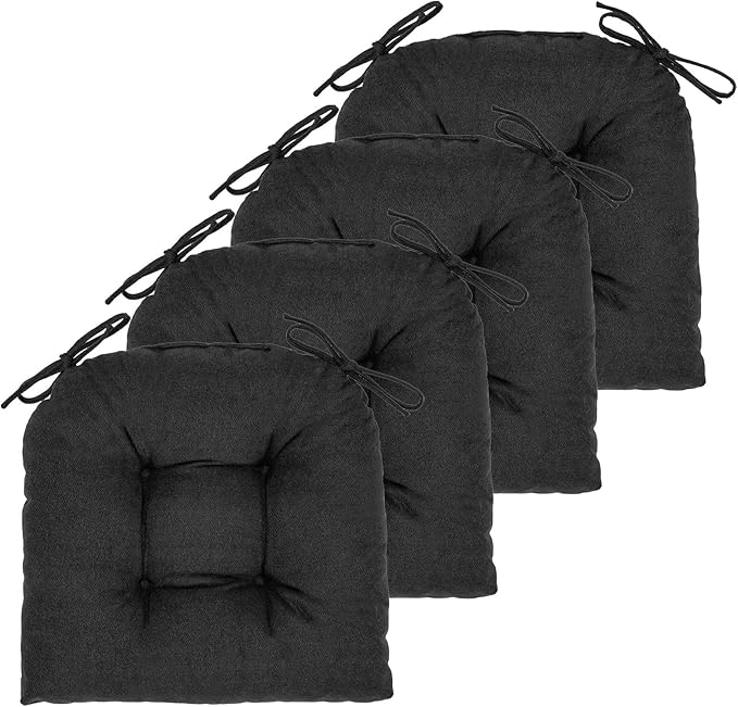 Chair Cushion, Chair Cushions for Dining Chairs, Chair Pads and Mat with Ties for Indoor Kitchen Seat and Desk (Black, 4 Count - 17 x 16 in)