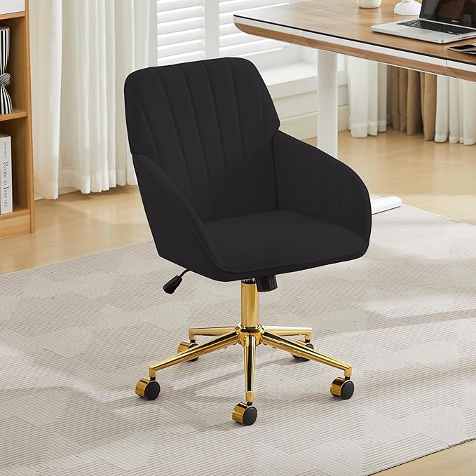 Velvet Home Office Desk Chair, Modern Cute Computer Task Chair with Back, Height Adjustable Upholstered Vanity Chair with Swivel Wheels for Women, Girls (Gold Base, Black