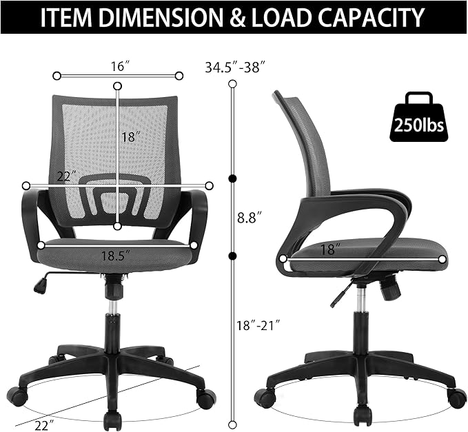 Office Computer Desk Managerial Executive Chair, Ergonomic Mid-Back Mesh Rolling Work Swivel Chairs with Wheels, Comfortable Lumbar Support & Comfy Arms, PVC Base, Gray
