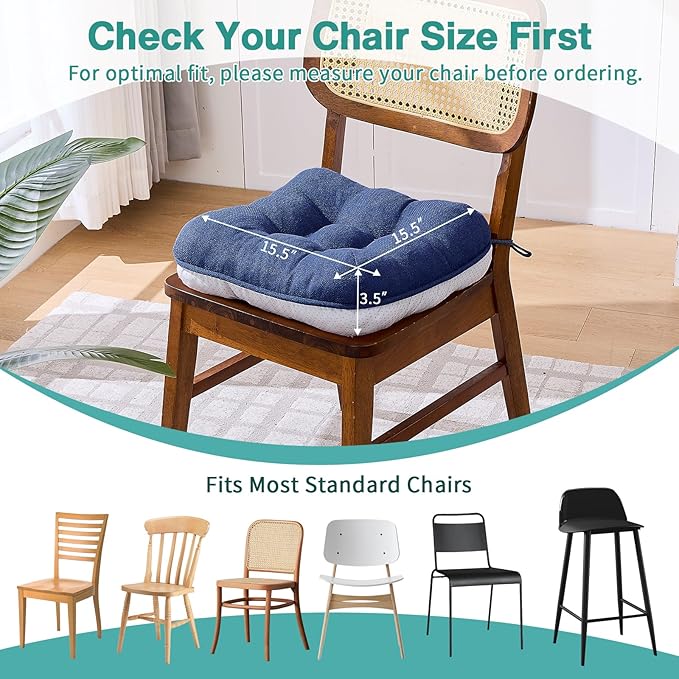 BETU Chair Cushions for Dining Chairs Set of 2,3.5" Thick Outdoor Indoor Chair Pads with Ties,Non Slip Backing and Covers, Seat Cushion for Kitchen Dining,Bar,Patio Furniture15.5"X15.5"X3.5",Navy Blue
