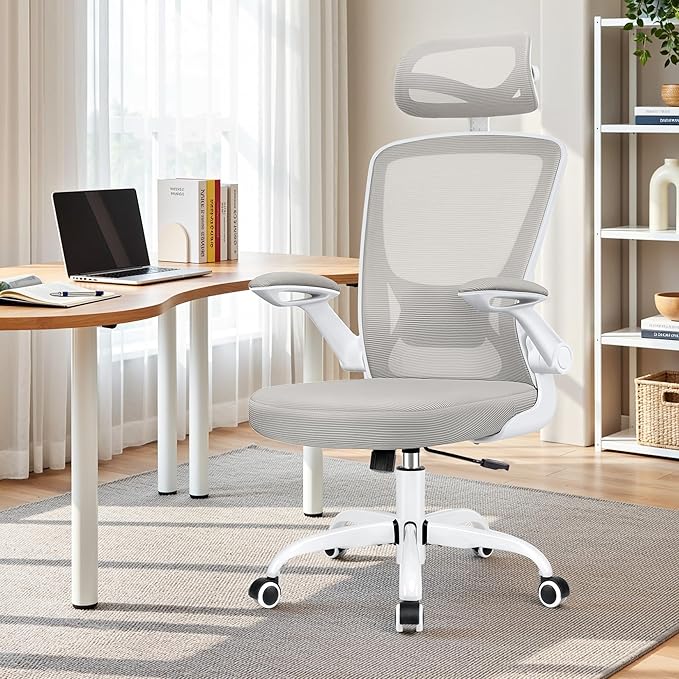 BESTFAIR Office Chair Ergonomic Desk Chair, Breathable Mesh Office Chairs with Adjustable Lumbar Support, Flip-Up Arms, Computer Desk Chair Comfy for Home Office, Light Gray