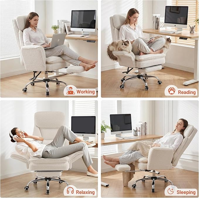 Furniliving Criss Cross Office Chair with Armrests & Wheels, Big and Tall Office Chair with Footrest, Flip Armrests for Pets, Wide Seat Cross Legged Desk Chair, Ergonomic Computer Chair, Teddy, White