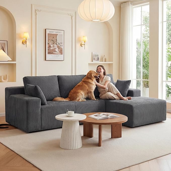 GRUSIGN Cloud Sectional Boneless Couches for Living Room, Modular L Shaped Couch with Deep Seat Oversized Right Facing Chaise, Memory Foam Compressed Spineless 3 Seater Sofa, Grey | No Assembly Required, Deep Seat, Cat-Claw Resistant, High-Resilience F...