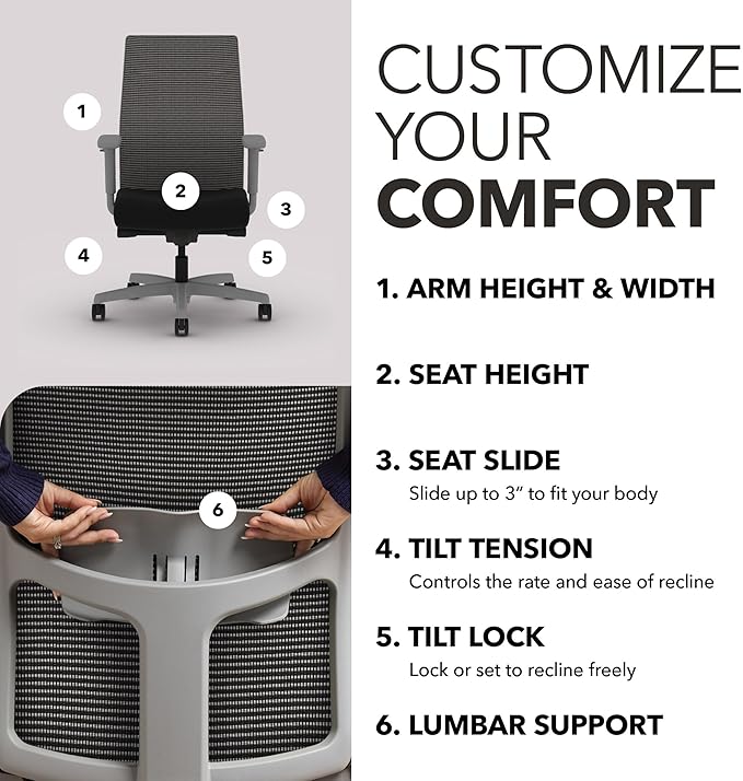 HON Ignition 2.0 Mid Back Task Chair, Advanced Synchro-Tilt Control, Office Chair with Lumbar Support, Height and Width Adjustable Arms, Titanium Frame, Black