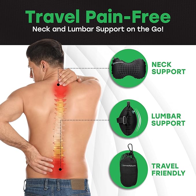 Inflatable Lumbar Pillow for Airplane Travel - Travel Lumbar Pillow - Suitable for Men and Women of All Ages - (Free eBook with Tips and Stretches for Travelling with Back Pain)