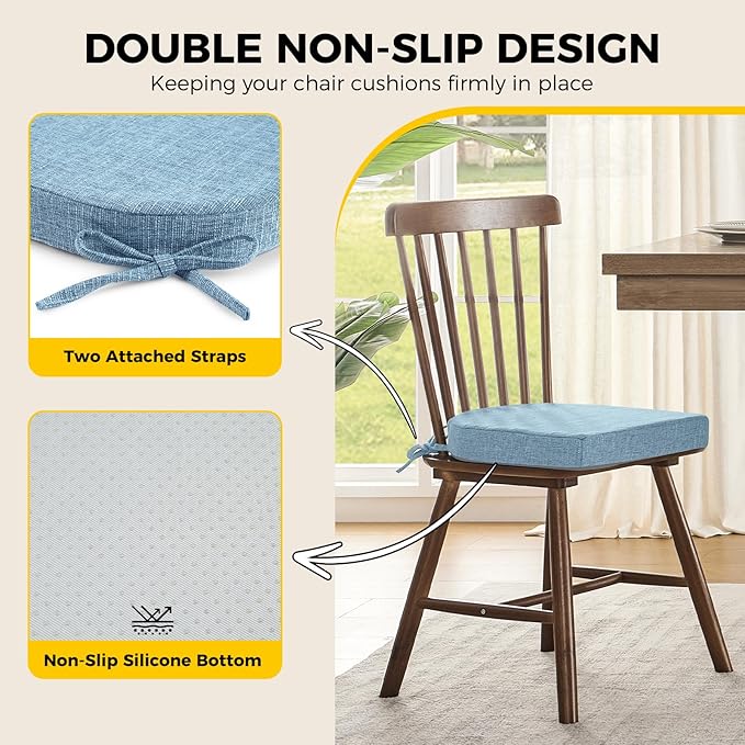 downluxe Indoor Chair Cushions for Dining Chairs, Soft and Comfortable Textured Foam Kitchen Chair Pads with Ties and Non-Slip Backing, 16" x 16" x 2", Light Blue, 6 Pack