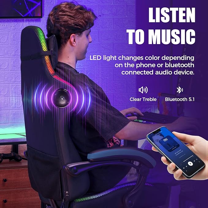 GTPLAYER RGB Gaming Chair with Speakers - LED Computer Game Chair for Adults, PC Home Office Chairs with Footrest & Lights, Reclining Desk Chairs, Blue