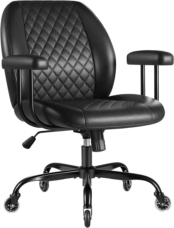 Furmax Ergonomic Home Office Chair Executive Leather Mid Back Desk Chair, Adjustable 360° Swivel Task Chair for Conference Room Study (Black)