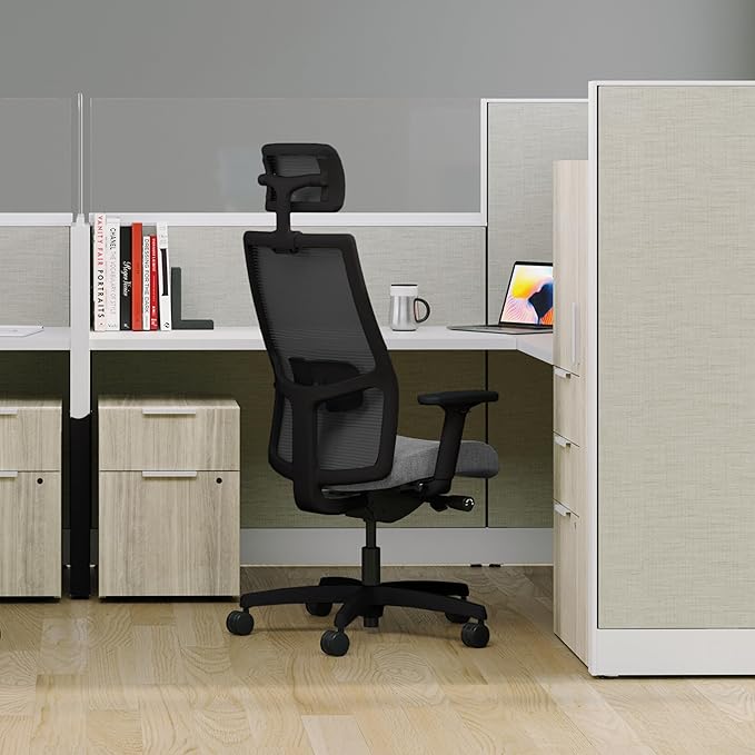 HON Ignition 2.0 Big and Tall Ergonomic Mesh Office Chair with Headrest, 450 lb Capacity, Extra‑Wide High‑Back Desk Chair with Adjustable Arms, Lumbar Support, Tilt Recline, Black Frame, Ash