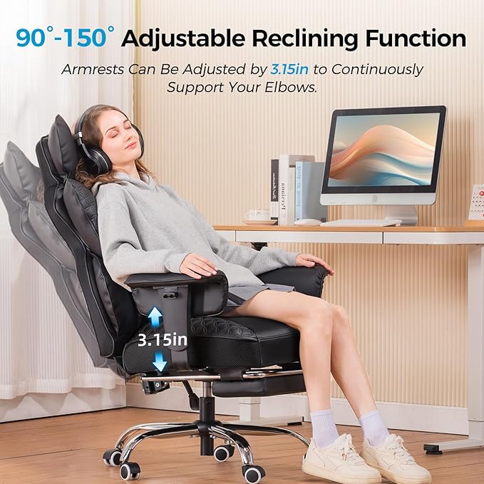 COMHOMA Big and Tall Office Chair Heavy Duty Wide Ergonomic Gaming Chair with Deluxe Embossing Designed Leather with Foot Rest,150°Reclining Adjustable Armrests Pocket Spring Back Support and Pillow