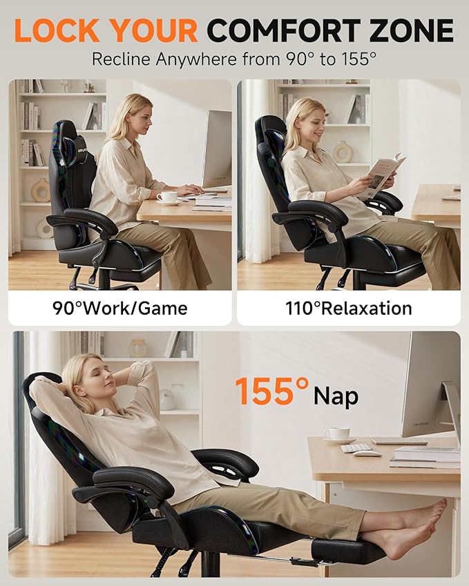GTPLAYER Gaming Chair with Footrest, Computer Gaming Chair for Adults and Kids, Height Adjustable Gamer Chair with 90-155° Recline & Removable Headrest Lumbar Support, 01 Iridescent Black