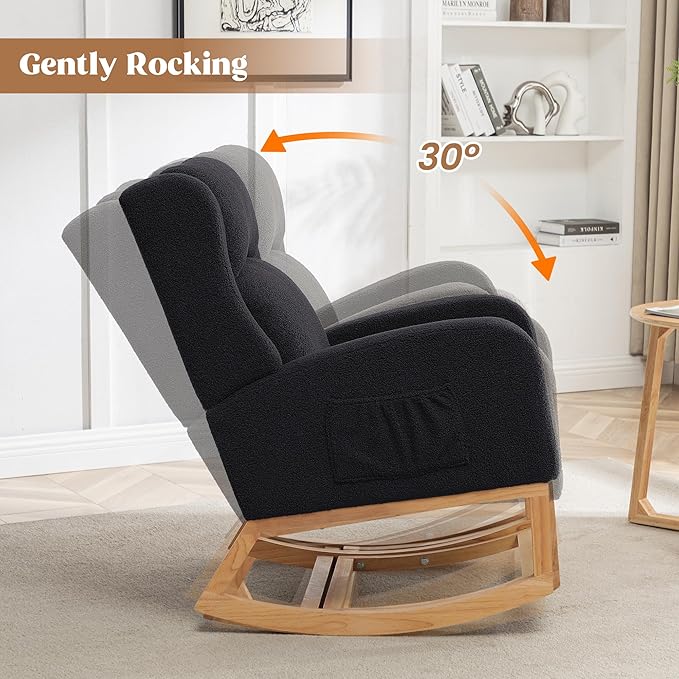 HCHAIRH Rocking Chair Nursery, Nursing Rocking Chairs for Mom Nursery, Comfy Wingback Glider Rocking Armchair with Foot Rest and Side Pocket for Nursery Living Room Bedroom, Teddy Black