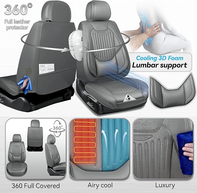 CAR PASS Luxury Nappa Leather Car Seat Covers Full Set, Lumbar Support Seat Covers for Car 5 Seats, Waterproof Car Seat Protector, Automotive Seat Covers Universal Fit for Most Sedans SUV Trucks Gray