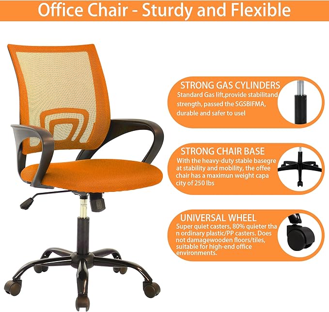 Professional Office Chair with Lumbar Support - Breathable Mesh Back, Adjustable Height, Heavy-Duty 250lbs Weight Limit, Metal Base, Orange