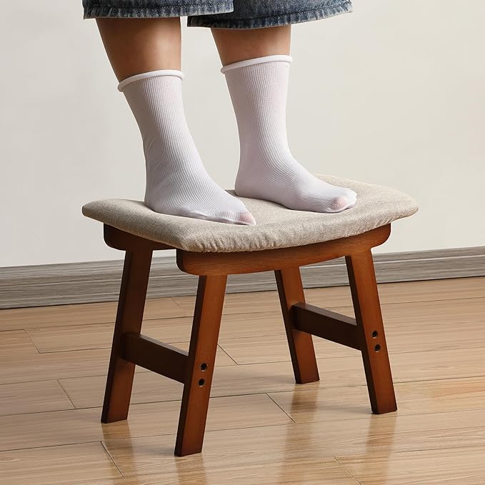 BAMBOO LAND- Bamboo Foot Stools Ottoman, Beige Cushion & Brown Wood Legs, Small Ottoman Foot Rest for Couch