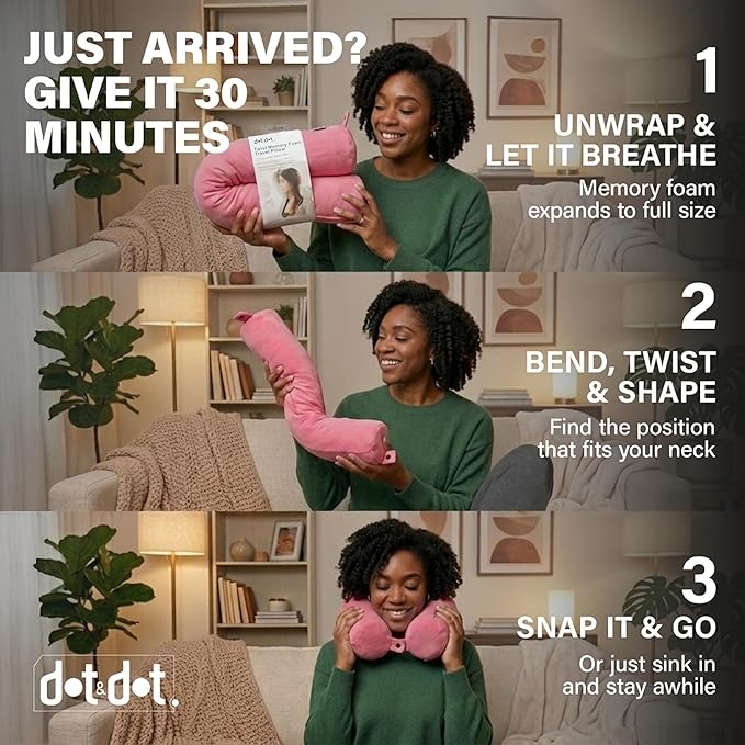 Dot&Dot Twist Memory Foam Travel Pillow for Airplanes - Travel Neck Pillow for Sleeping - Airplane Pillow for Neck Support, Chin, Lumbar and Leg - Adjustable, Bendable Neck Roll Pillow