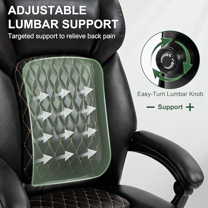 Reclining Office Chair with Retractable Footrest & Adjustable Lumbar Support - 500 lbs Capacity for Big and Tall Users, Leather Executive Desk Chair for Home Office, Work, and Relaxation, Black