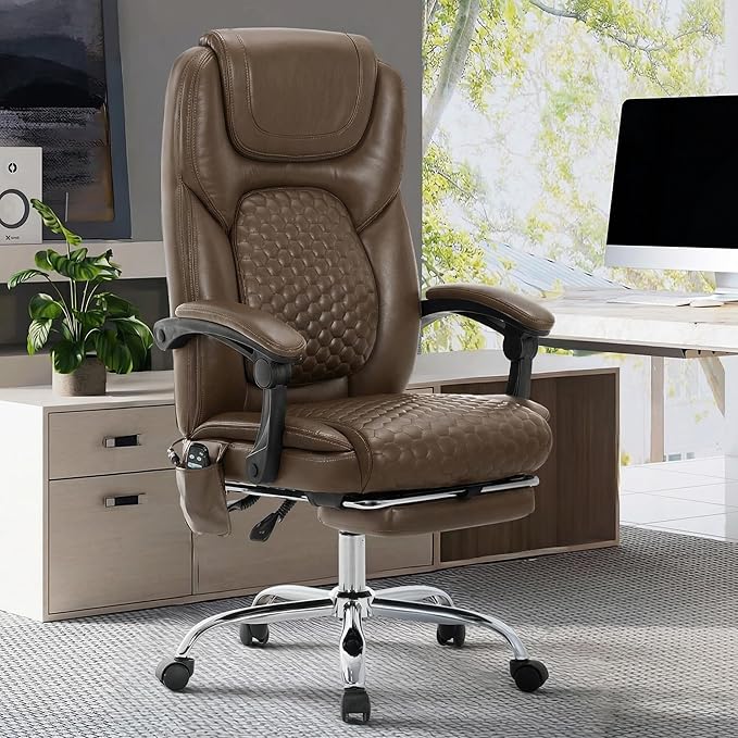 MALOL Massage Office Chair Set of 2 with 3-Level Heat and Footrest – 20-Min Easy Assembly, 300 lbs Big and Tall Desk Chair, PU Leather Ergonomic Executive Computer Chair with Side Pocket, Brown