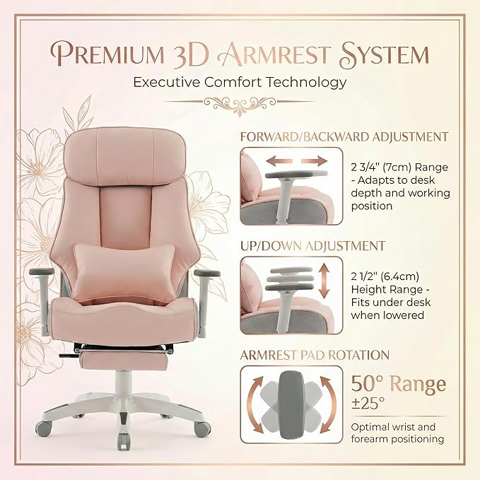 Big and Tall Office Chair 400lbs, Premium PU Leather Executive Chair with Extra Wide Saddle Seat for Cross Legged, 3D Armrests, Footrest, Heavy Duty Ergonomic Reclining Desk Chair (Pink)