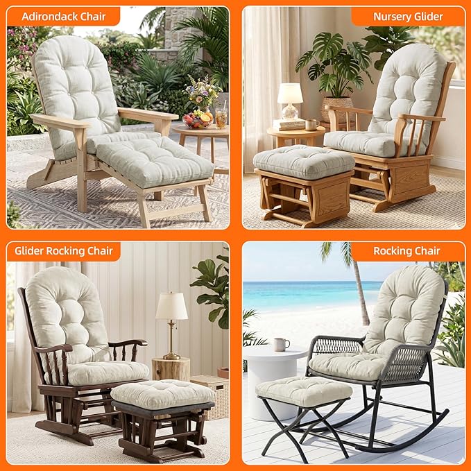 Rocking Chair Cushion Set - Soft Chenille 2-Piece Seat & Ottoman Pad, Tufted Non-Slip Design, High-Density Foam Nursery Glider Cushions, All-Season Indoor/Outdoor Rocker Comfort, Oyster White