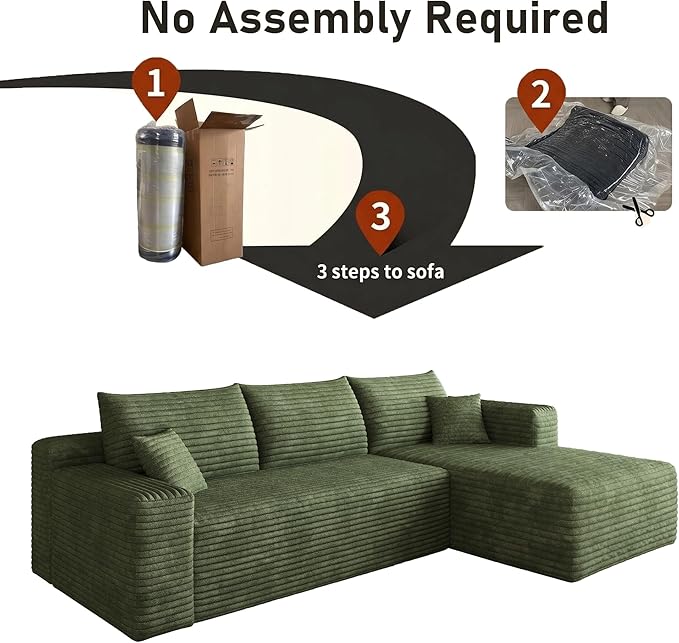 94" Boneless Couches with Right Facing Chaise for Living Room,Corduroy Sectional Couch,L-Shape Cloud Couches Compressed Memory Foam Cloud Sofa,No Assembly Required,Green