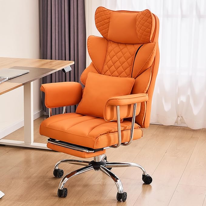 DYHOME 500 Lbs Kneading Massage Office Chair with Foot Rest, Ergonomic Reclining Home Computer Chair, High Back Thick Cushion Big & Tall Office Chair, Comfy Leather Heavy Duty Executive Chair, Orange
