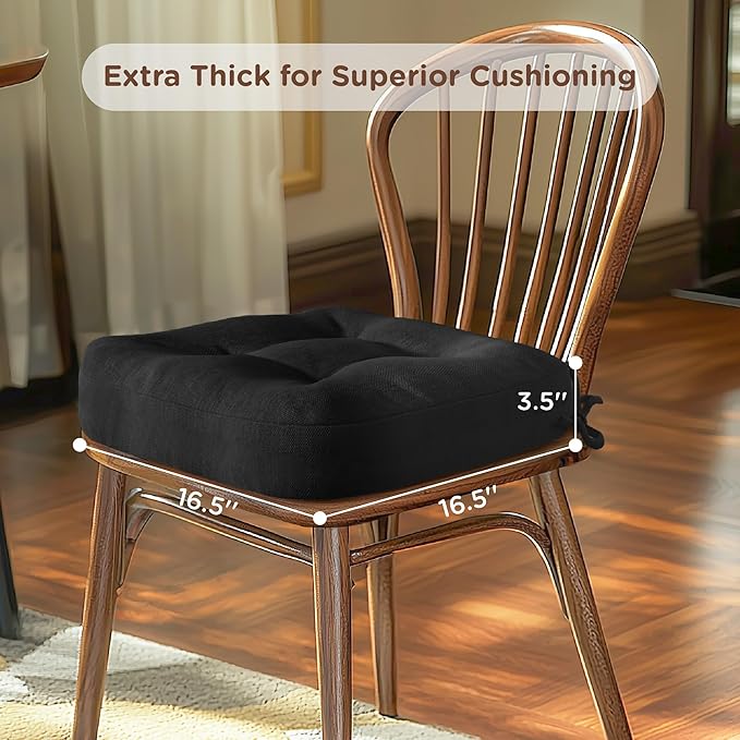 Codi 6 Pack Dining Chair Cushions, Thick Chairs Pads for Indoor Kitchen Room - Washable, Non-Slip Memory Foam Seat Cushion with Ties, 16.5"x16.5"x 3.5", Set of 6, Black New