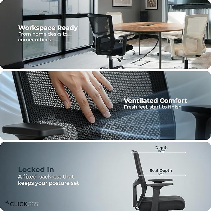 AeroCore M120 Ergonomic Mesh Office Chair, Breathable DeskChair with Lumbar Support, Cushioned Seat, Adjustable Height, Fixed Arms & Swivel, 275lbs Capacity, Black
