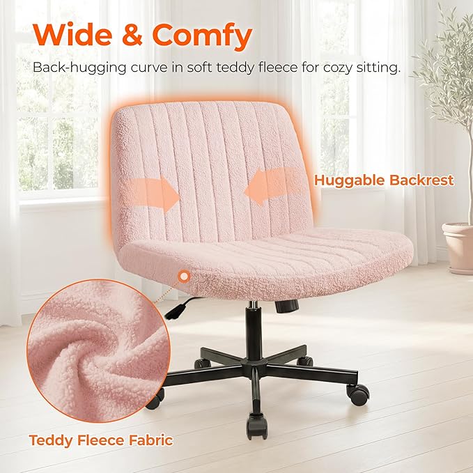 Orange Factory Criss Cross Chair Wheels Vanity Chair Office Desk Comfy Wide Cross Legged Armless Teddy Fabric Adjustable Swivel for Home Computer Task (Pink, Teddy Fleece)