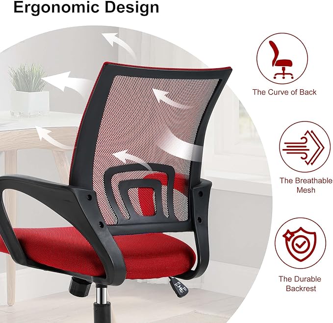 Computer Desk Chair,Work Chairs for Home Office,Ergonomic Office Chair with Lumbar Support,Mesh Office Chair with Arm and Wide Comfortable Seat,Adjustable Rolling Office Chair,Red